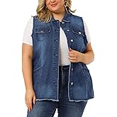 Agnes Orinda Denim Jackets for Women 2025 Plus Size Button Front Lapel Frayed Washed Sleeveless Long Jean Vest