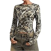 WDIRARA Women's Camo Long Sleeve T Shirt Camouflage Graphic Y2k Streetwear Tops