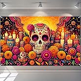 BlissYard Day of the Dead Banner 71x43 Inch Colorful Sugar Skull Altar Backdrop with Marigold Flowers s and Patterned Drums Día de los Muertos Decorations for Wall Porch Indoor Outdoor Use