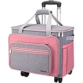 FINESUN Sewing Machine Case with Wheels, Foldable Deluxe Rolling Sewing Machine Case for Brother, Singer, Janome and Most Machines,Pink-Grey