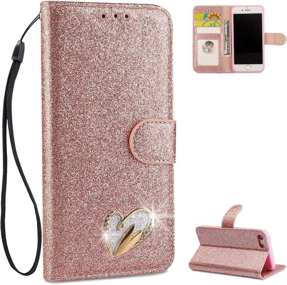 iPhone 7 Phone Case Shockproof, FBNK iPhone 8 Case Rose Gold Leather Wallet Love Pattern Flip Folio Glitter Sparkle Bling Designer Shockproof Card Holder Stand Function Outdoor Protection Case Women