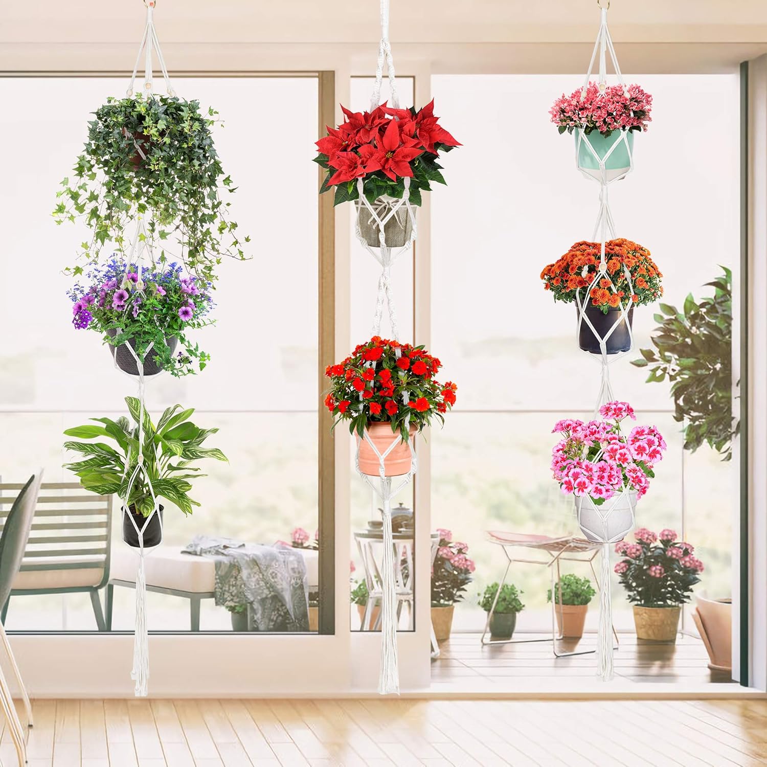 Macrame Plant Hangers 4 Pcs  - Different Hanging Planters Decorative Flower Pot Holder Stand Handmade Cotton Rope, Indoor Outdoor Boho Home Decor, 4 Legs, 4 Size, Different Tiers, 8 Hooks: Garden & Outdoor