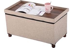 Ao Lei 30 Inches Storage Ottoman Bench, Storage Bench with Wooden Legs for Living Room Ottoman Foot Rest Removeable Lid for Bedroom End of Bed, Linen Fabric, Folding Beige Ottoman