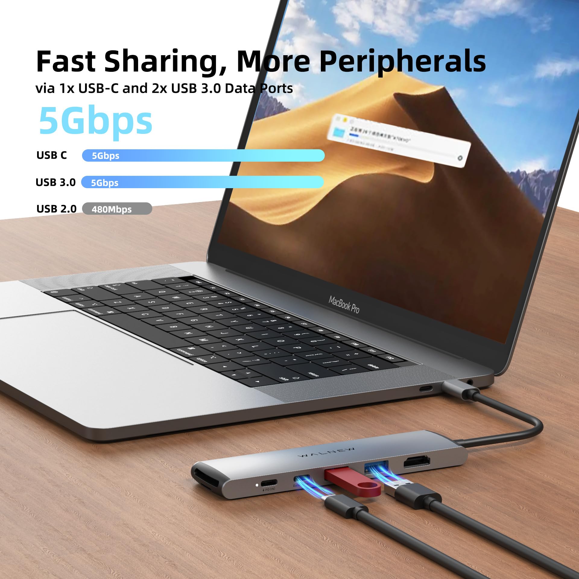 USB C Hub, WALNEW 7 in 1 USB C Docking Station with 4K HDMI,100W PD, 3 5Gbps Data Ports(1 USB-C & 2 USB 3.0),TF/SD Card Reader, USB Hub for Laptop, MacBook Pro/Air/Mac/Dell/HP/ASUS/Acer/Steam Deck