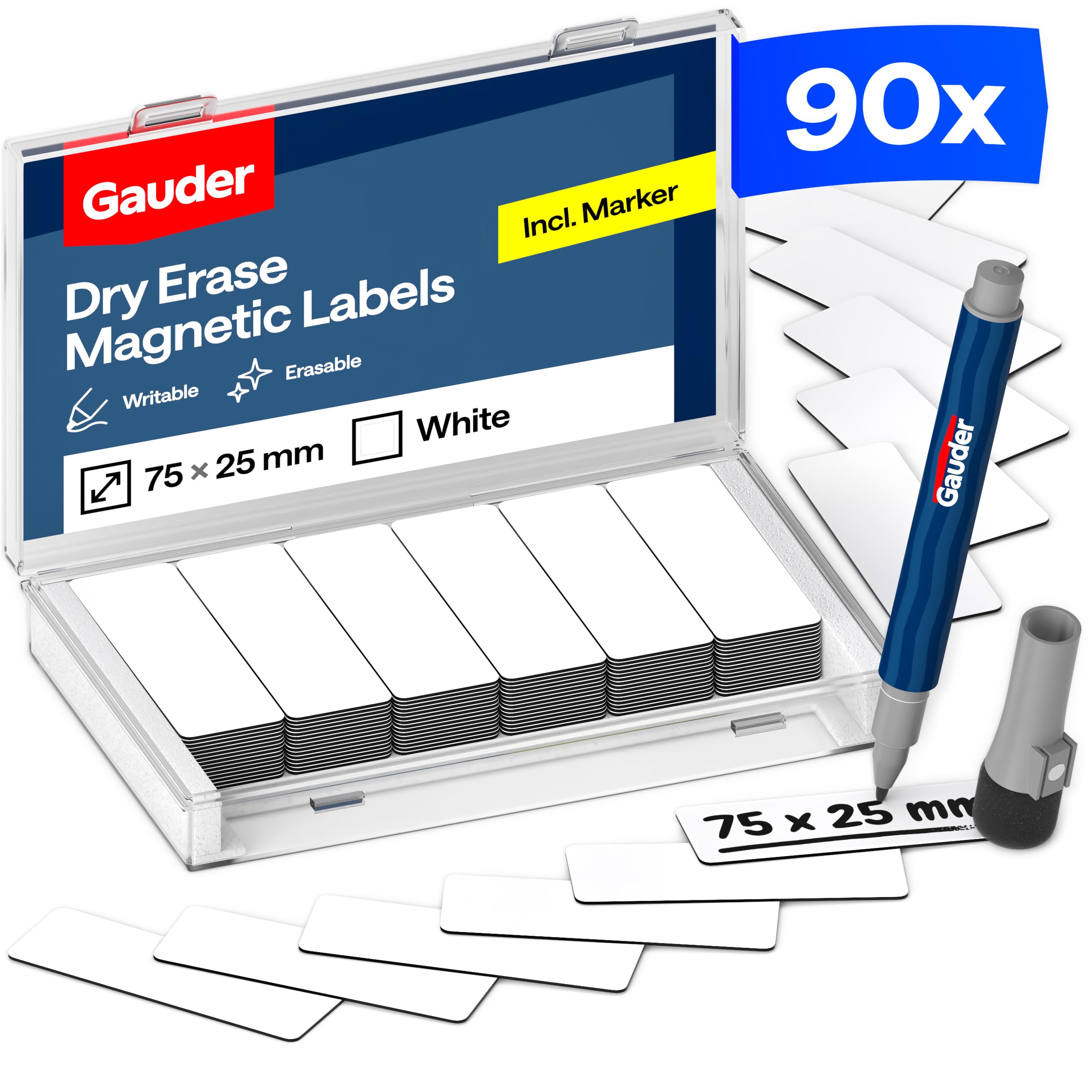 GAUDER Magnetic Labels Writable - Reusable Magnetic Tags for Whiteboard, Blackboard, Kanban Board and Fridge - Magnet Cards with Marker (90 Pieces - 75 x 25 mm)