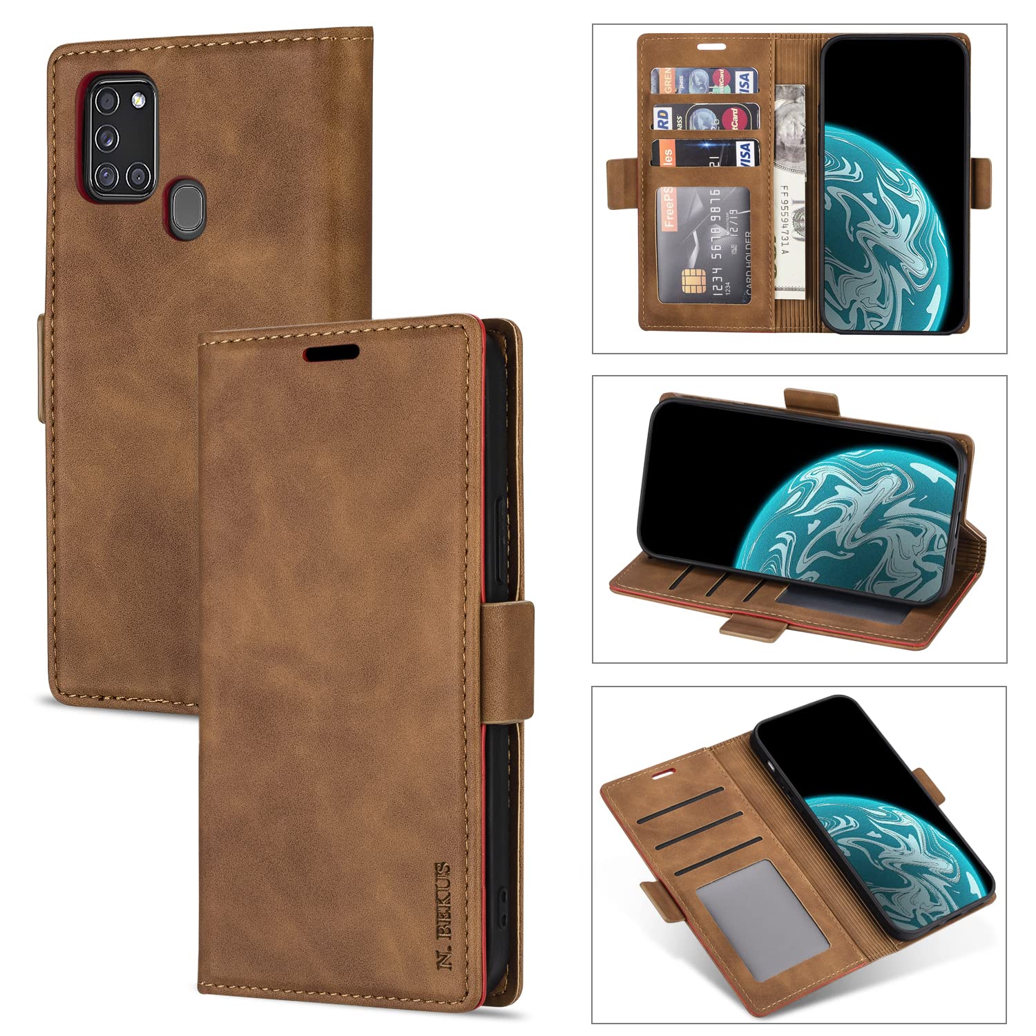 QLTYPRI Case for Samsung Galaxy A21S, Premium Soft Leather Wallet Case with Card Holder Kickstand Magnetic Closure Protective Flip Cover for Samsung Galaxy A21S - Brown