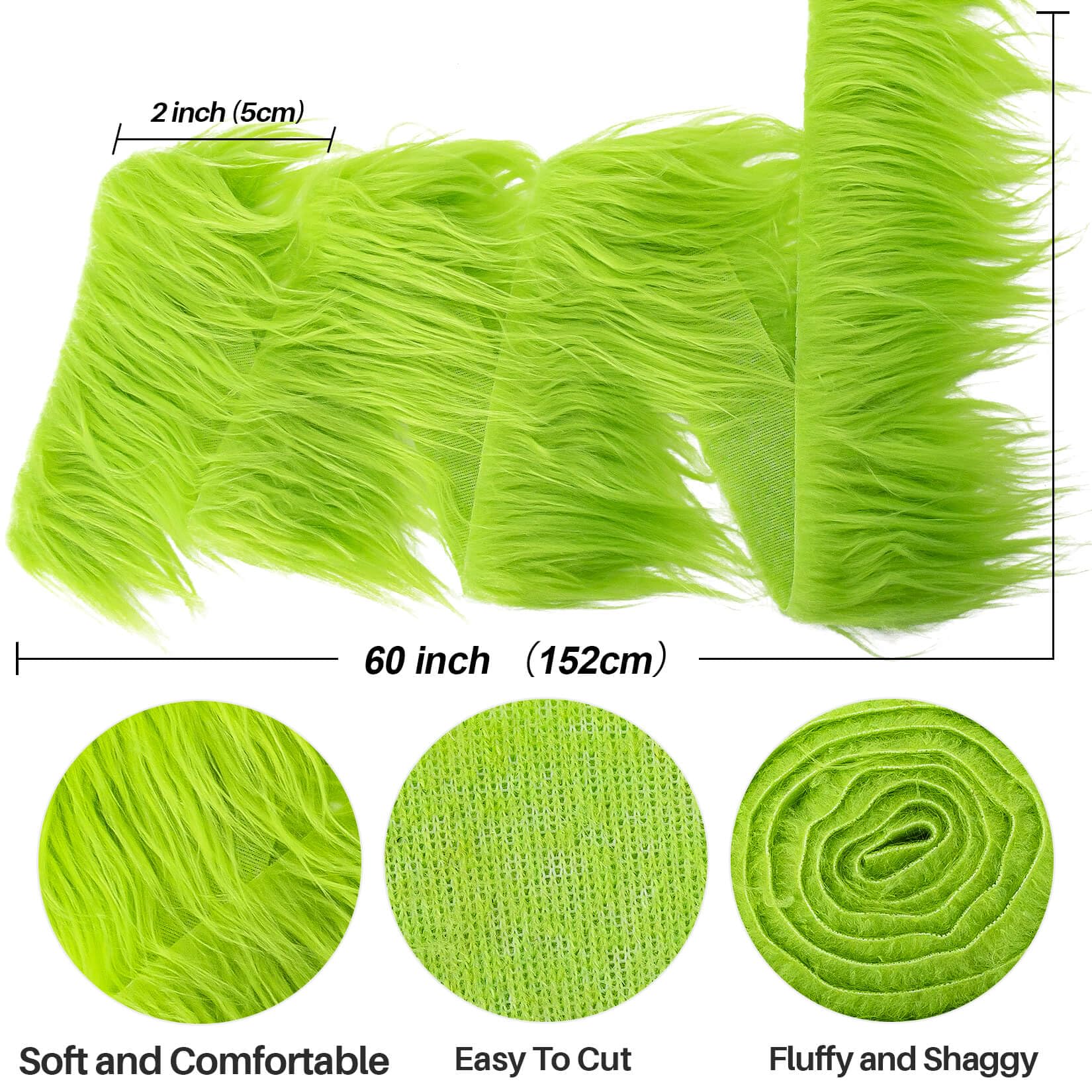 Sukh Shaggy Faux Fur Fabric - 2 x 60 inch Green Faux Fur Trim Precut Fabric Strips Soft Plush Patches for Fuzzy Craft Christmas Tree Trim Gnome Beard Cosplay Costume (1)