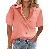 HOTOUCH Cotton Linen Button Down Shirt for Women V Neck Collared Blouse Casual Short Sleeve Tops with Pocket
