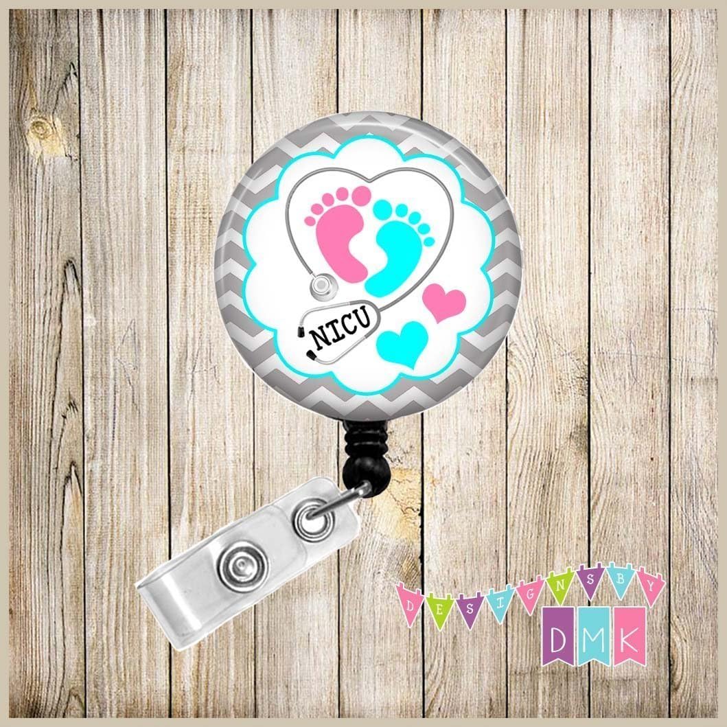 NICU Baby Feet Stethoscope on Grey Chevron - Button Badge Reel
