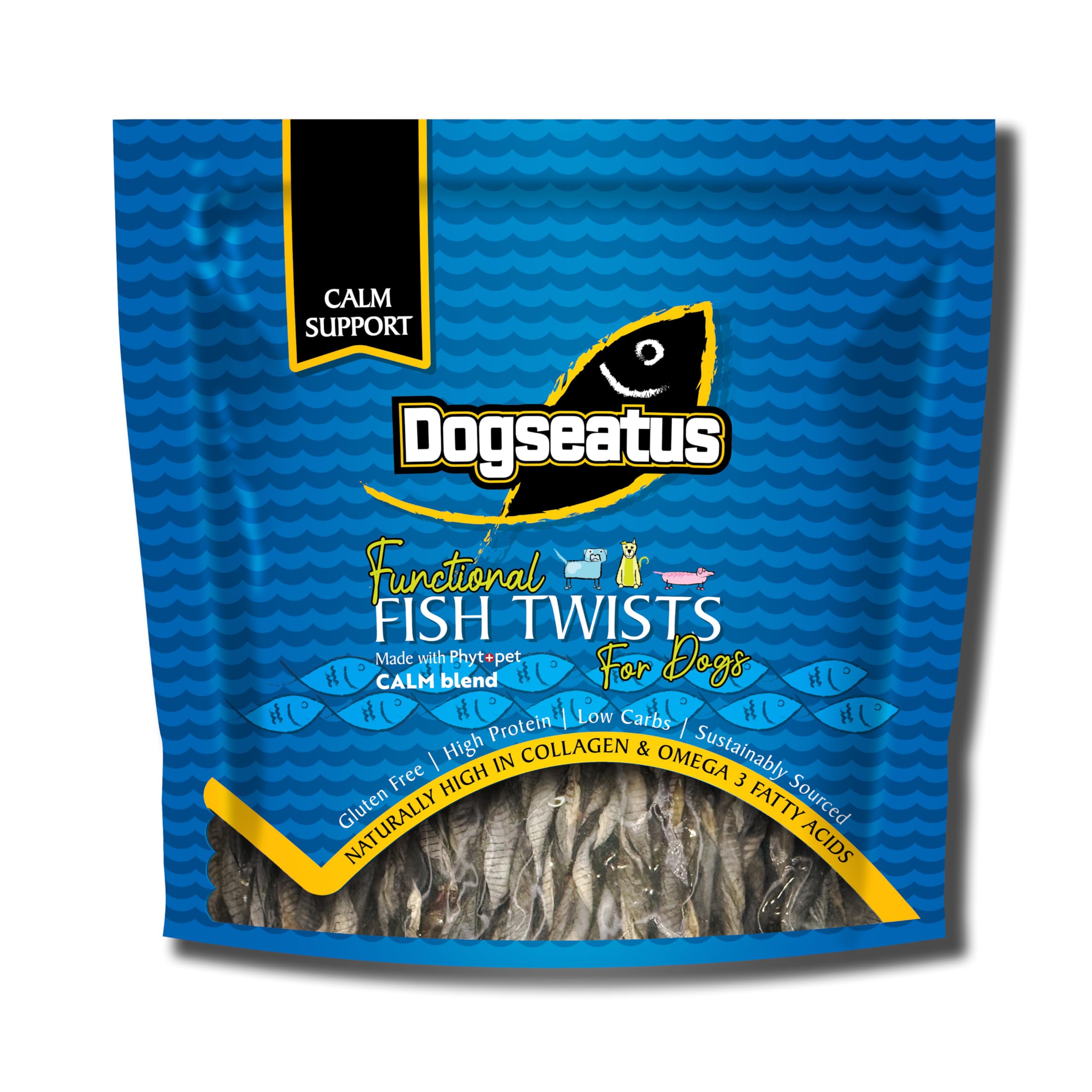 Pet Natural Dogseatus Fish Skin Twists Calming with Valerian, Skullcap & Passiflora 100% Natural, Omega 3 & Collagen Rich Chews Long-Lasting Rawhide Alternative 500g