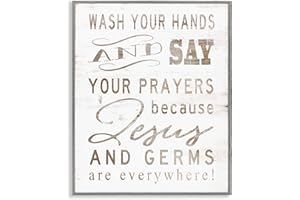 Stupell Industries White Wood Look Jesus and Germs are Everywhere Wash Your Hands Sign Grey Framed Wall Art, 16 x 20, Design by Artist Cindy Jacobs