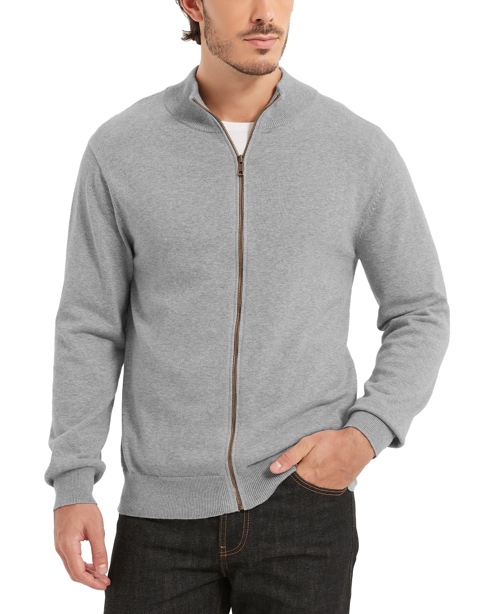 Photo 1 of Kallspin Mens Full Zip Sweater Cardigan Pure Cotton Stand Collar Knit Jacket Minimalist Smart Casual Outerwear (Light Grey L)