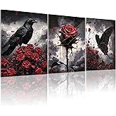 Framed Gothic Wall Art, Romantic Goth Decor, Spooky Dark Crow Flower Butterfly Aesthetic Pictures Decor for Bedroom Living Room Home(Framed, 12x16in, Set of 3, Ready to Hang)