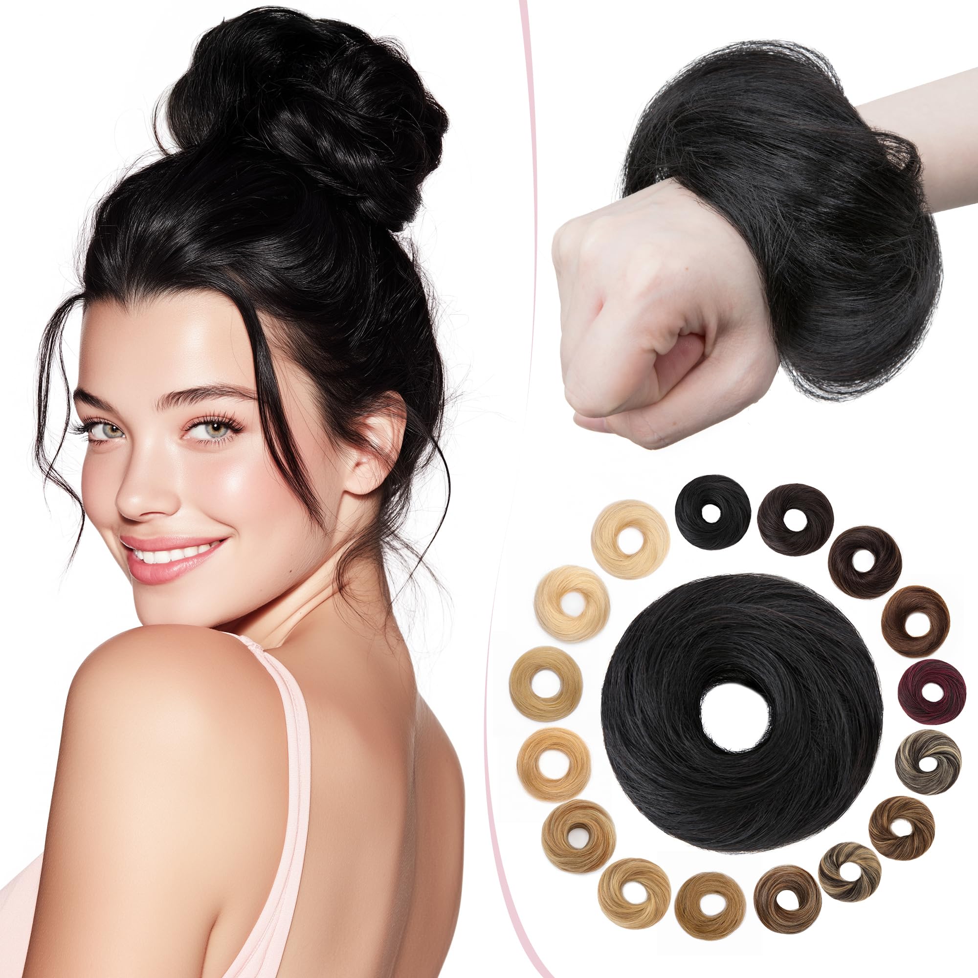 SEGO Human Hair Scrunchies for Women Messy Hair Buns Hairpiece [#1 Jet Black] 100% Real Remy Updo Scrunchies Donut Hair Extensions Chignons Straight (17g)