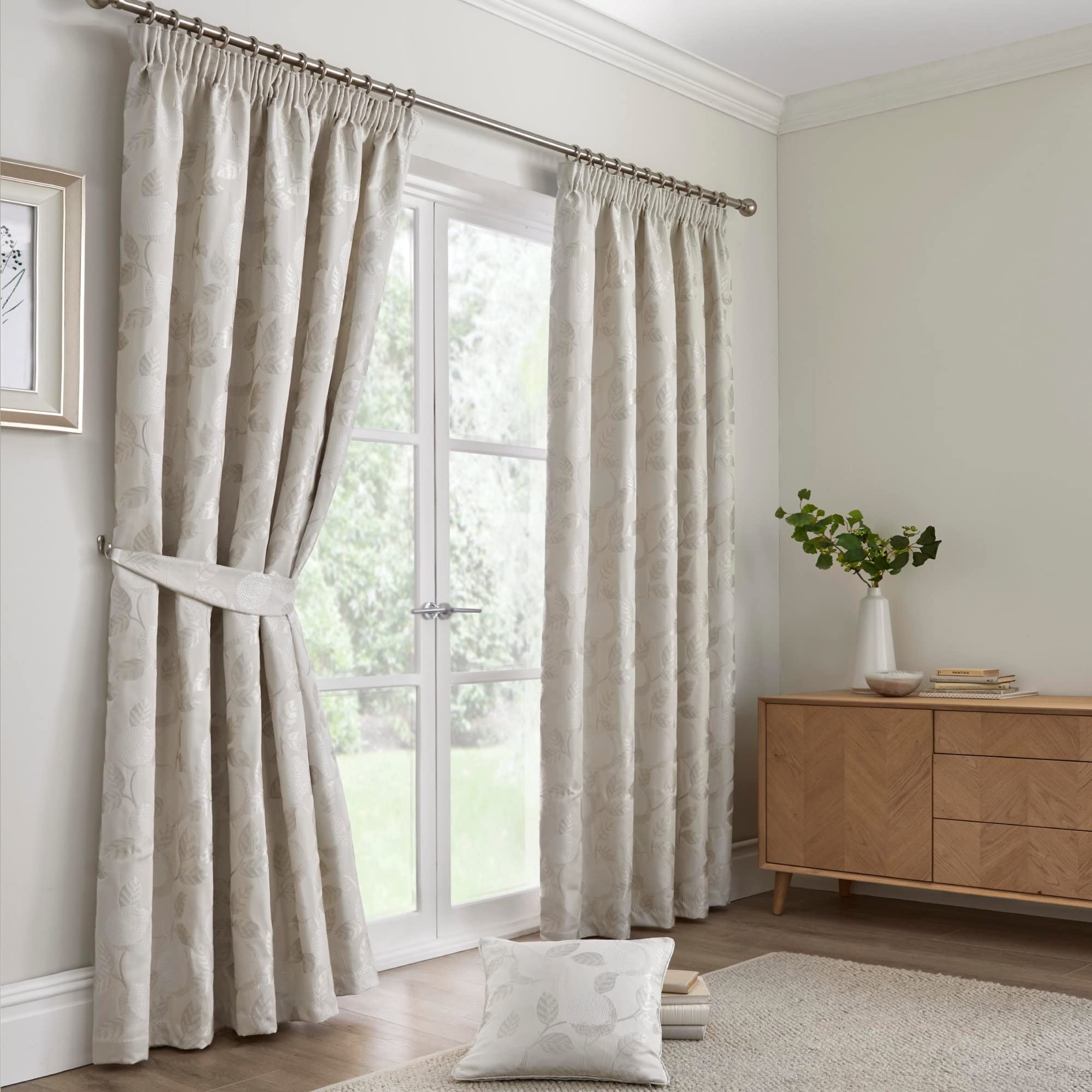 Curtina - Pale Beige Leaf Curtains W46 x L54 (117 x 137cm) - Cream Pencil Pleat Curtains with Floral Leaves - Fruit Tree Curtains in Ivory - Luxury Curtains & Drapes for Bedroom/Living Room