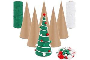 Catcan 6Pcs 10 x 4In Paper Mache Cones for Christmas Paper Mache Cones Open Bottom for Christmas Tree DIY Halloween Decor with 2 Rolls of Hemp Rope, A Pack of Plush Balls
