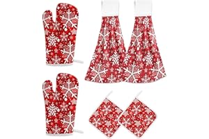 VKPSCHJ Hanging Kitchen Towels and Oven Mitt Potholders Set,Christmas Red Snowflake Soft Absorbent Hand Dish Towel with Loop,Winter Extra Long Oven Mitts Heat Resistant Hot Pads for Cooking Baking