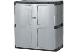 Rubbermaid Freestanding Storage Cabinet with Doors 18"D x 36"W x 37"H Medium Gray/Black Two-Shelf Lockable Cabinet for Indoor/Outdoor/Garage Storage for Garden Tools/Lawn Care Accessories