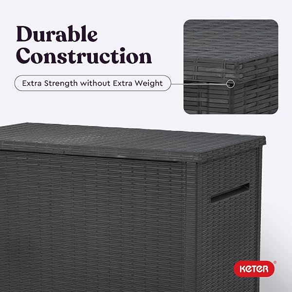 KETER JAVA XXL 230 GALLON RESIN RATTAN LOOK LARGE OUTDOOR STORAGE DECK BOX FOR PATIO FURNITURE CUSHIONS, POOL TOYS, AND GARDEN TOOLS, DARK GREY