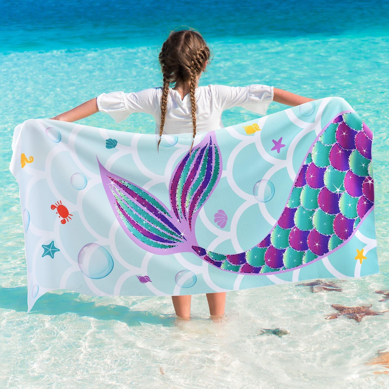 WERNNSAI Beach Towel for Kids, 76 x 150cm Mermaid Quick Dry Sand Free Pool Towel for Girls Super Absorbent Bath Pool Camping Travel Towel Soft Beach Blanket Bath Shower Towel