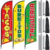 Remagr 3 Pcs Tacos Burritos Feather Flag 7 ft Mexican Food Swooper Flag Mexican Restaurant Advertising Feather Banner with Pole and Ground Stake for Outside Store Business Markets