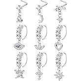 NICEIGHT 9Pcs 20G Surgical Steel Gold Dangle Nose Ring for Women Men L Shaped Dangling Nose Stud Moon Star Indian Charm Nose Hoop Set CZ Flower Heart Butterfly Dangle Nose Piercing Jewelry
