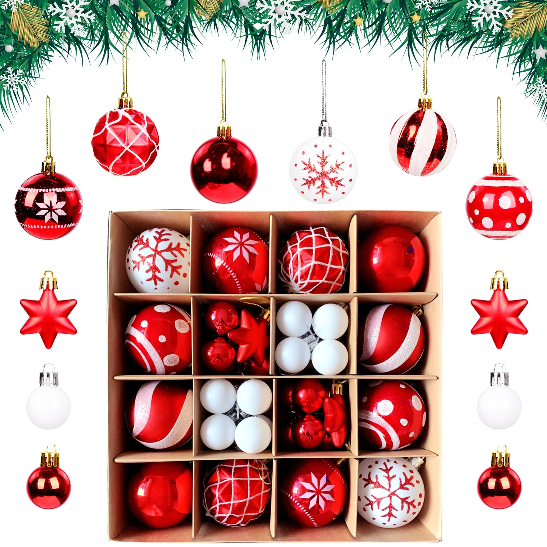 KEYIDO Christmas Balls Ornaments Red and White Xmas Tree Decorations,42pcs Shatterproof Plastic Hanging Xmas Baubles for Festive Winter Holiday Party Home Decor