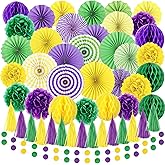 Epakh 50 Pcs Mardi Gras Decorations Set Includes Tassel Garland Mardi Gras Tissue Paper Fans Yellow Green Purple Hanging Pom Poms Flower Honeycomb Balls and Garland for Party