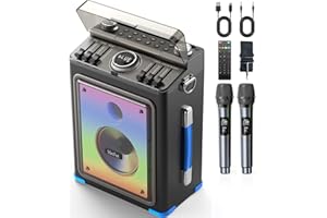 Metfut Professional Karaoke Machine for Adults with Bluetooth 5.3, 2 Wireless Mics, Portable Wooden Speaker PA System with Bass/Treble Adjustment for Backyard, Home Parties and Camping-Blue