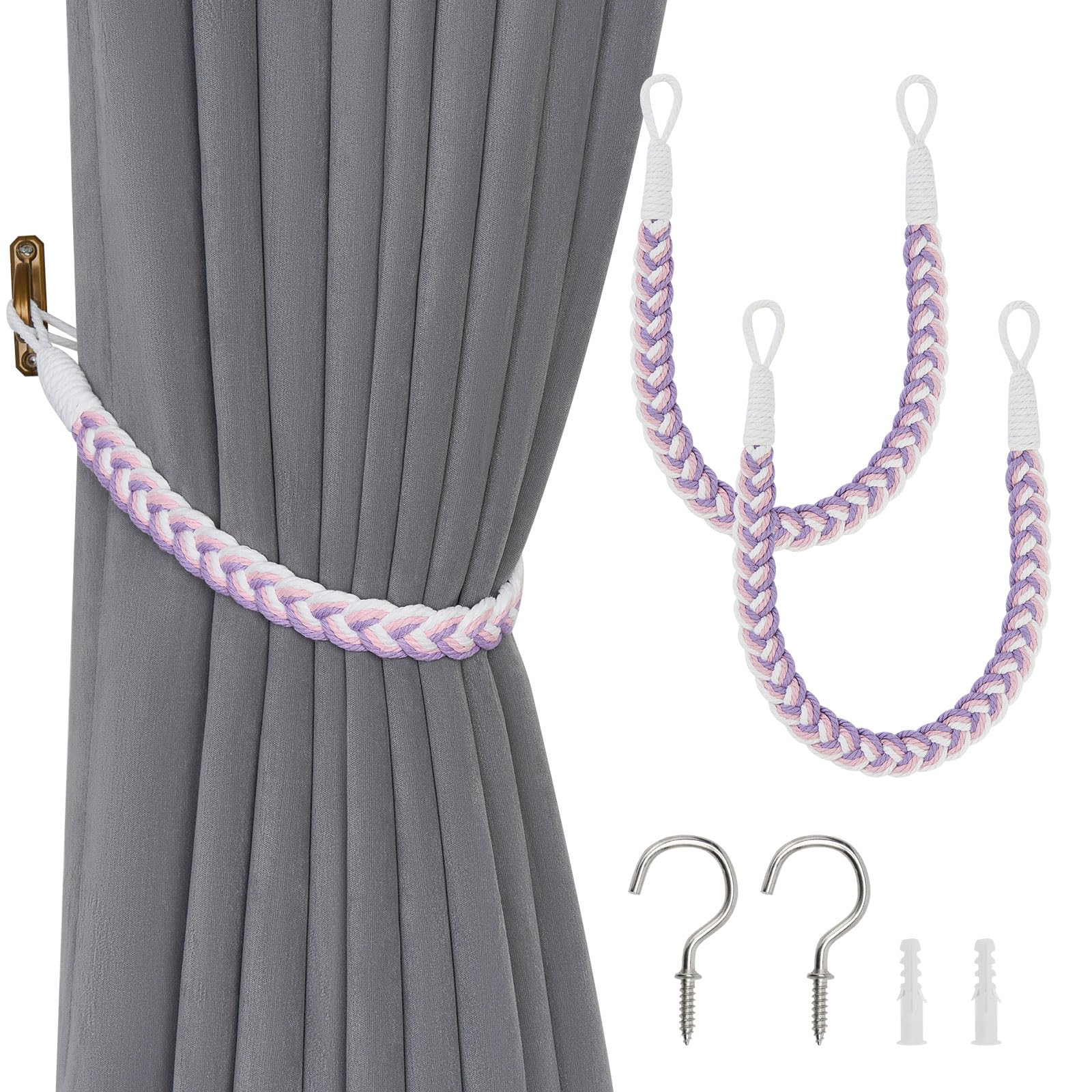 Pretty Jolly 2 Pack Natural Cotton Rope Curtain Tiebacks Elegant Boho Style Decorative Drape Tie Backs Soft Hand-Woven Rope Curtain Holdbacks with Metal Hook for Home Office Drapery (Purple & White)