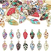 Cheriswelry 14Pcs Leaf Charms Gold Plated Enamel Pendants Metal Leaves Alloy Dangle Charm 22x10mm for DIY Jewelry Making Bracelet Earring Necklace