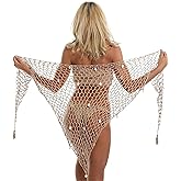 WKHOKI Handmade Crochet Sarong Coverup for Women with Seashells & Fishnet Trim - Adjustable Beach Wrap Skirt for Swimsuits, Boho Mesh Cover Up Skirt with Tassels, Lightweight Bikini Beach Scarf