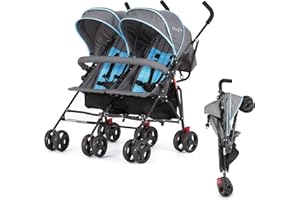 Dream On Me Volgo Twin Baby Stroller, Lightweight Side-by-Side Double Umbrella Stroller with Adjustable Canopy, 5-Point Harness, Storage Basket & Travel-Friendly Fold – Blue and Dark Grey