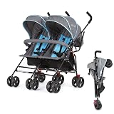 Dream On Me Volgo Twin Baby Stroller, Lightweight Side-by-Side Double Umbrella Stroller with Adjustable Canopy, 5-Point Harness, Storage Basket & Travel-Friendly Fold – Blue and Dark Grey