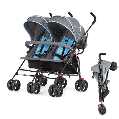 Dream On Me Volgo Twin Baby Stroller, Lightweight Side-by-Side Double Umbrella Stroller with Adjustable Canopy, 5-Point Harness, Storage Basket & Travel-Friendly Fold – Blue and Dark Grey