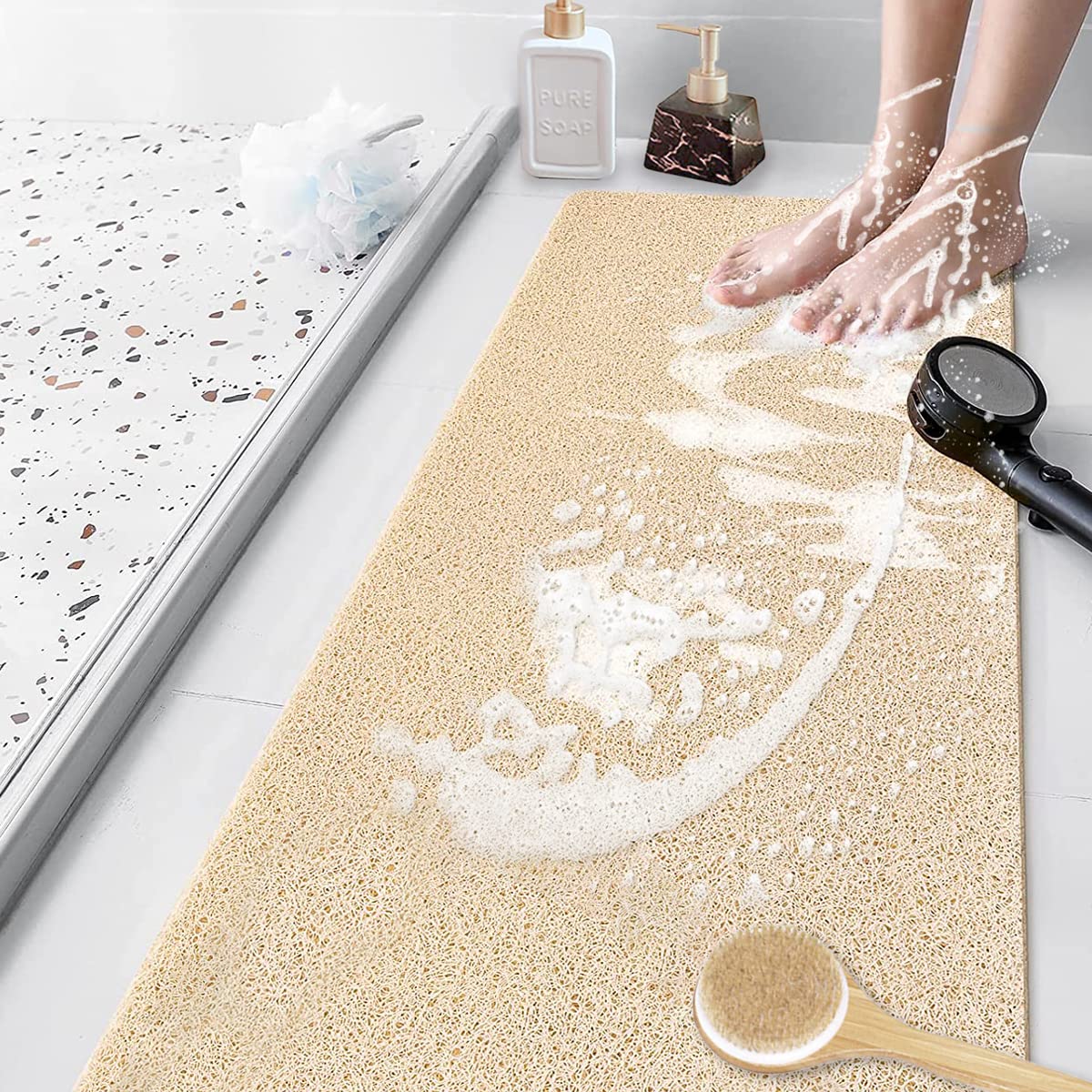 MACUNIN Shower Mat, Soft Comfort PVC Safety Bath Mat with Drainage Holes, Beige (40 x 80 cm)