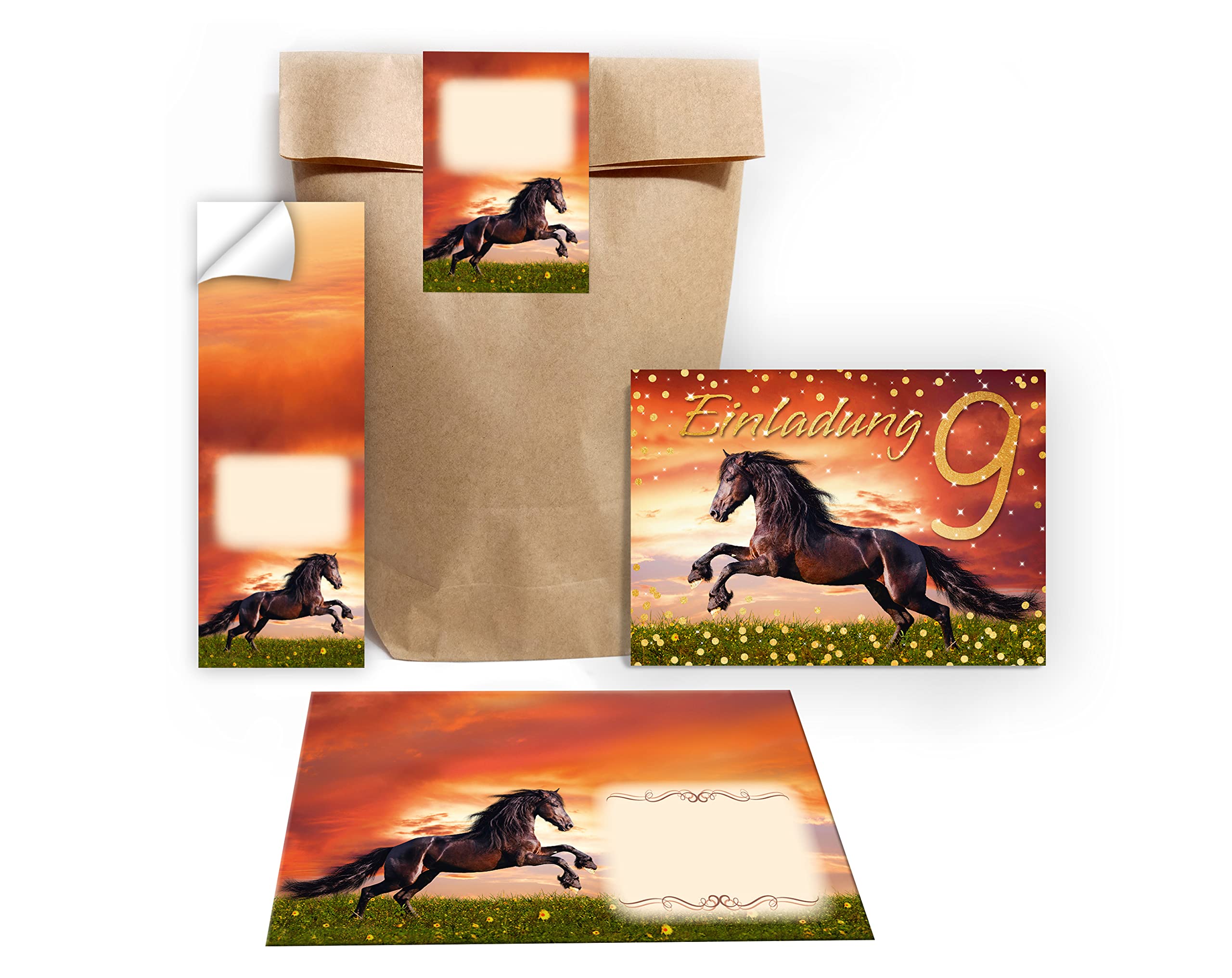 12 Invitation Cards for 9th Birthday Party Girl Horse Brown with 12 Envelopes 12 Bags Natural 12 Stickers