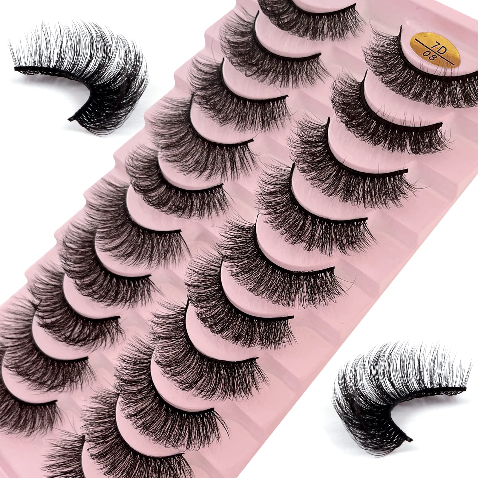 False Eyelashes Russian Strip Lashes 10 Pairs Reusable Natural Look 7D Faux Mink Lashes Fluffy Volume Wispy Fake Eyelashes Handmade Thick Soft Long Dramatic Eyelashes for Makeup (7D08) โ image 1