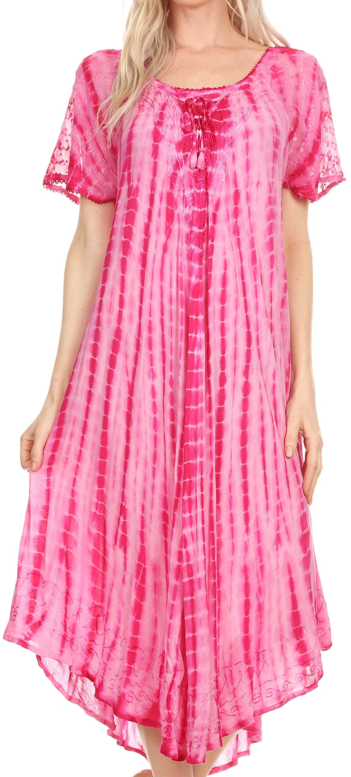 Sakkas 17601 - Yasmin Tie Dye Embroidered Sheer Cap Sleeve Sundress | Cover Up - Fucshia - OS