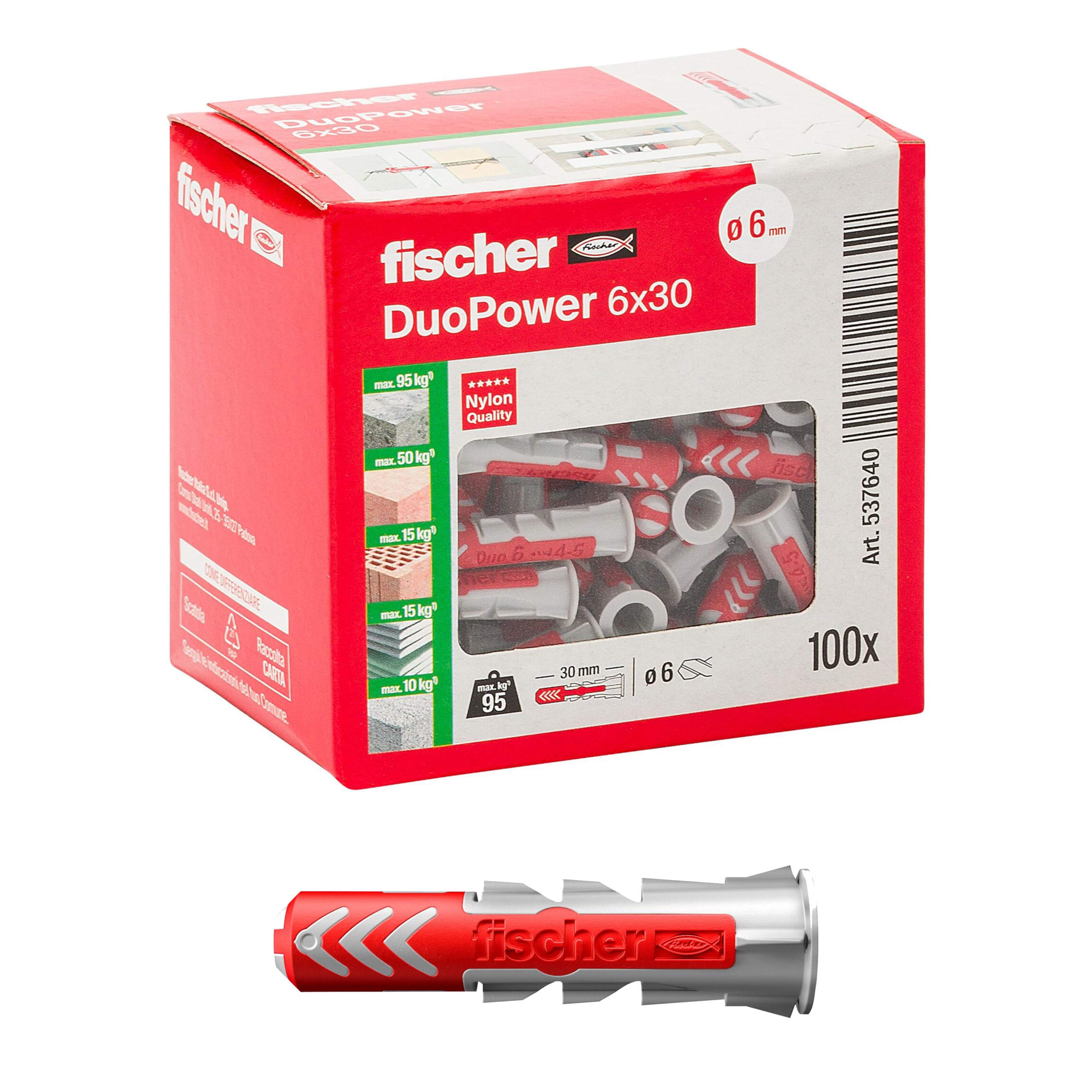 Fischer 100 DuoDowels for Solid Wall, Perforated Brick, Plasterboard, 6 x 30 mm — image 1