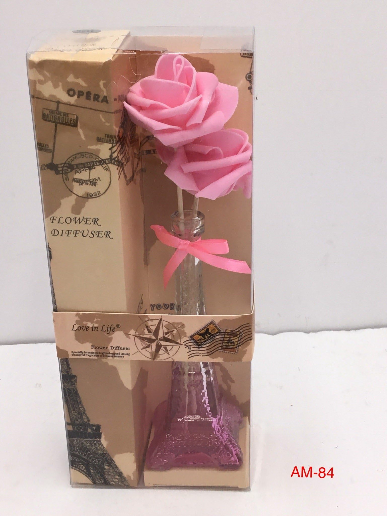 Smart Sense Eiffel Tower Glass Pink Flower Vase Reed Diffuser(Pink), Aromatherapy Essential Oil (Rose) Set Natural Incense Reed Diffuser Decorative Dried Flowers