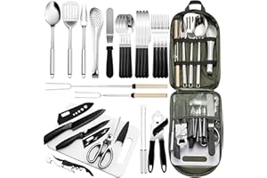 FREEHIKER Portable Camping Kitchen Utensil Set-27 Piece Cookware Kit, Stainless Steel Outdoor Cooking and Grilling Utensil Organizer Travel Set Perfect for Travel, Picnics, RVs, Camping, BBQs, Parties and More