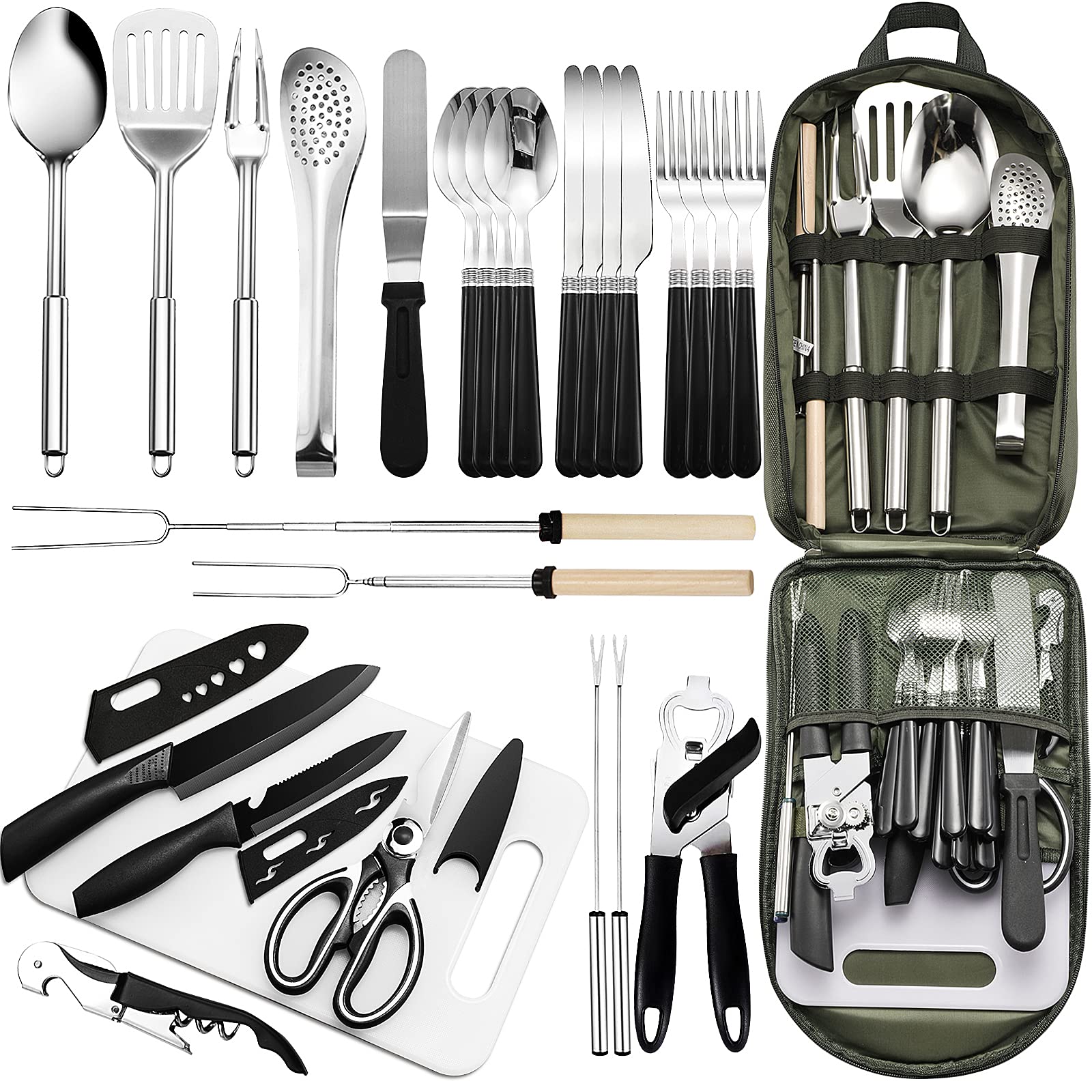 Photo 1 of Portable 27 Piece Camping Cookware Kit - Stainless Steel Grilling Utensils for Travel, Picnics, RVs, BBQs, Parties and More