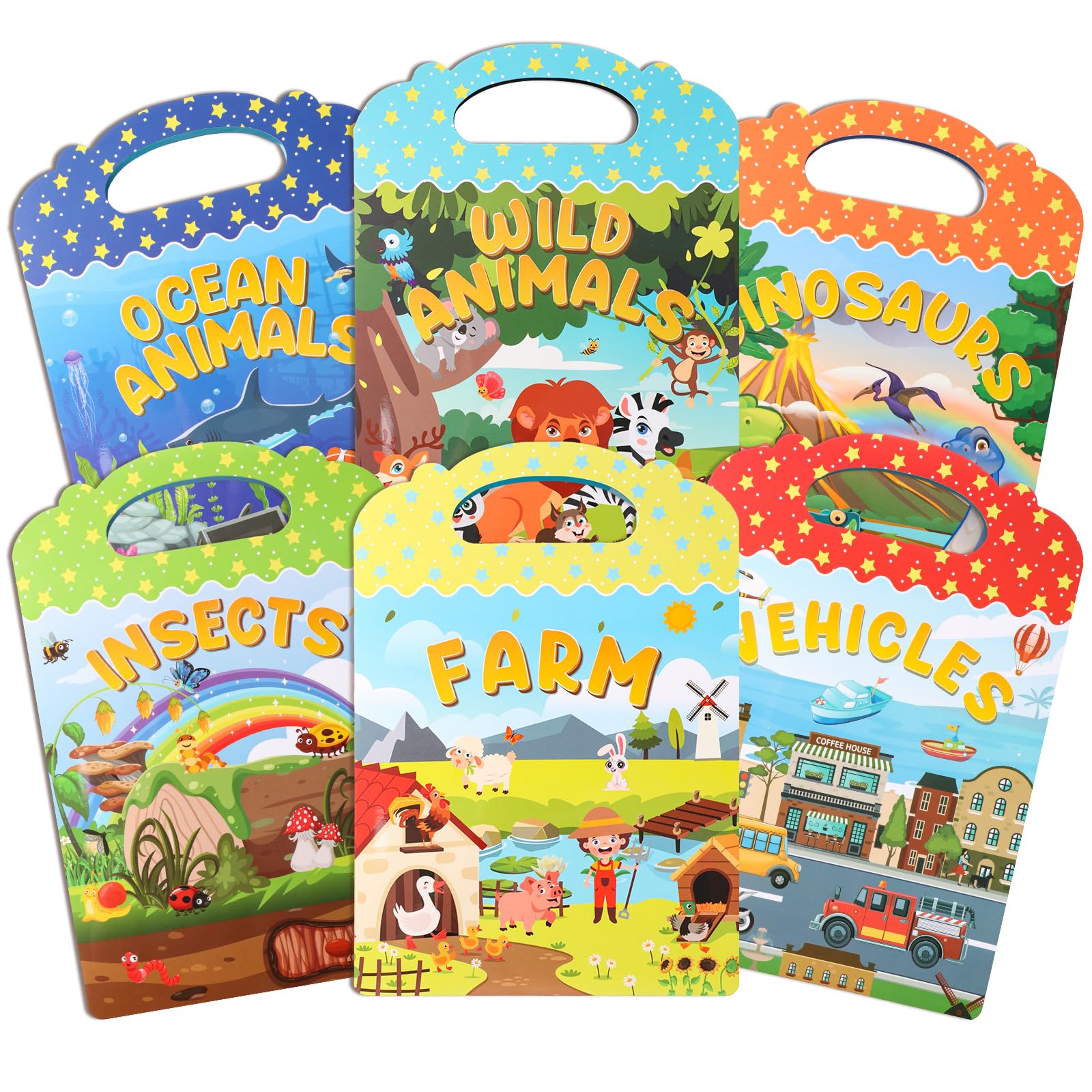 6Pcs Reusable Sticker Books, Sticker Books for Toddlers 2-4 Years, Vehicles Insects Animals Dinosaurs Stickers Scenes for Crafts Parties Travel Boys Girls Gifts