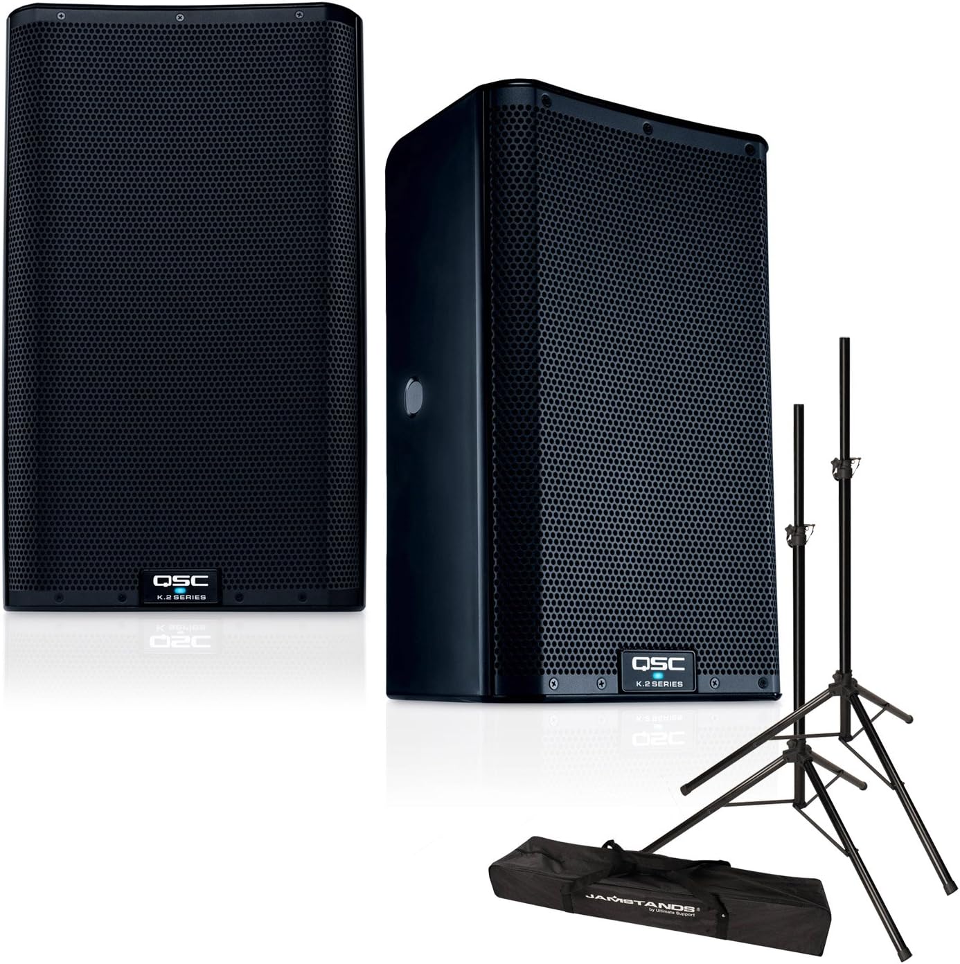 QSC K8.2 8-Inch 2000 Watt Powered Speakers (Pair) with Speaker Stands
