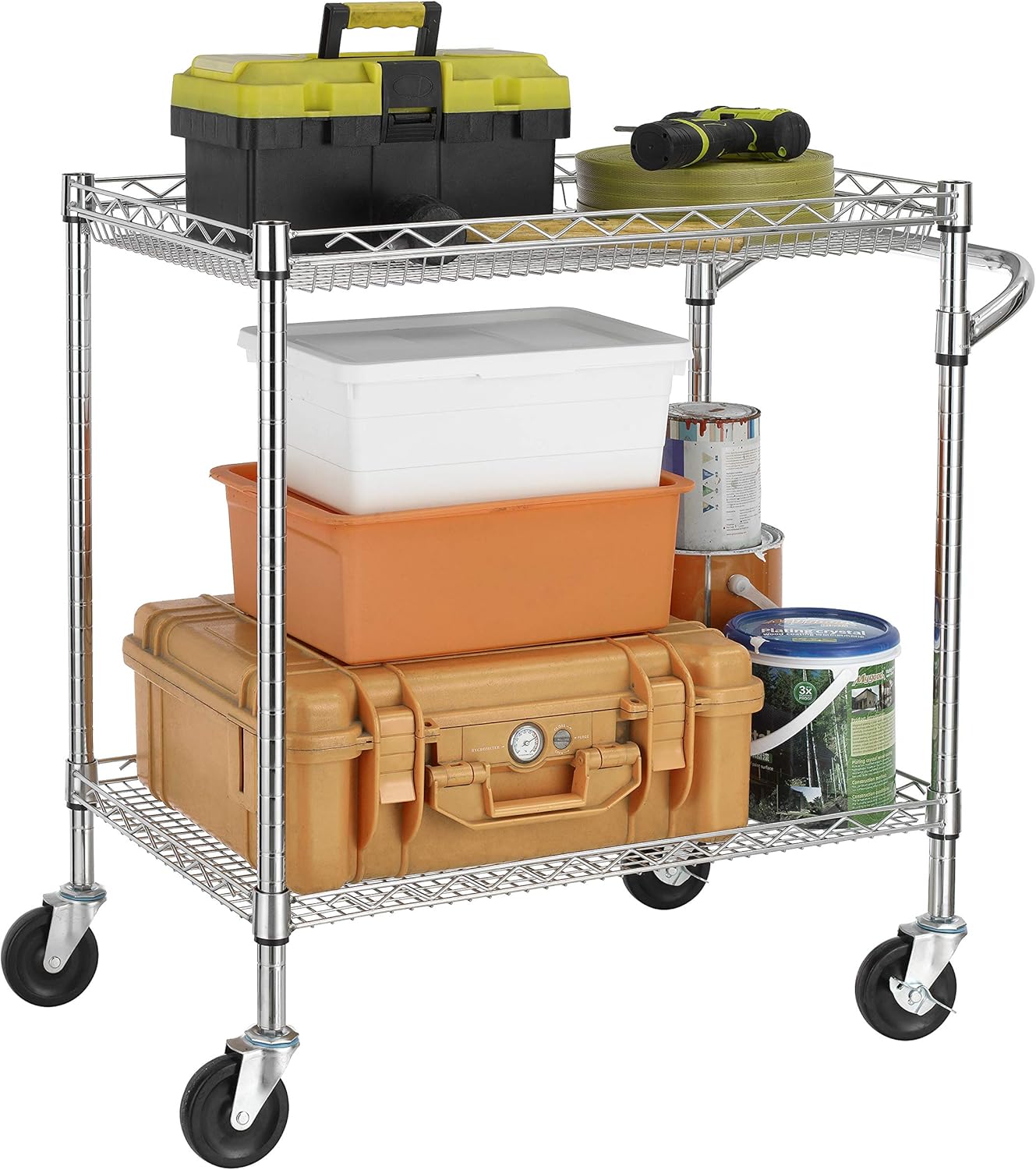 Finnhomy 3 Tier Heavy Duty Commercial Grade Utility Cart with Wood Top, Wire Rolling Cart with Handle Bar, Steel Service Cart with Wheels, Utility Shelf Food Storage Trolley, NSF Listed: Kitchen & Dining
