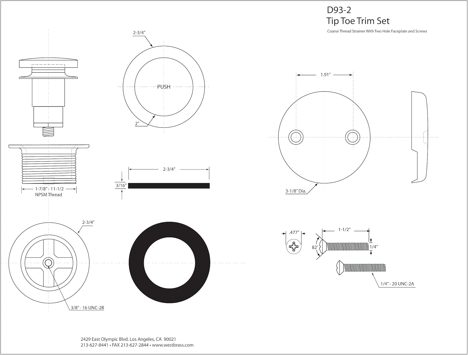 Westbrass Tip Toe Tub Trim Set with Two-Hole Overflow Faceplate, Matte Black, D93-2-62 - Drain Stoppers - 