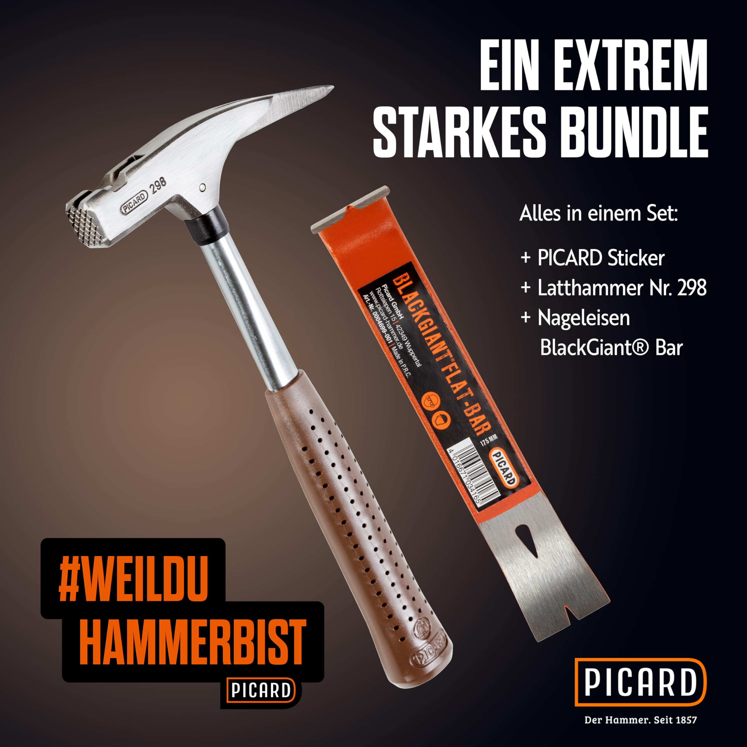 PICARD Latthammer Nr. 298 + Nageleisen | 600 g Kopfgewicht | Geraute Bahn | Magnetischer Nagelhalter | Korrosionsgeschützt | Chrom-Molybdän-Stahlrohrstiel | GS-geprüft | Länge 320 mm | Made in Germany 7