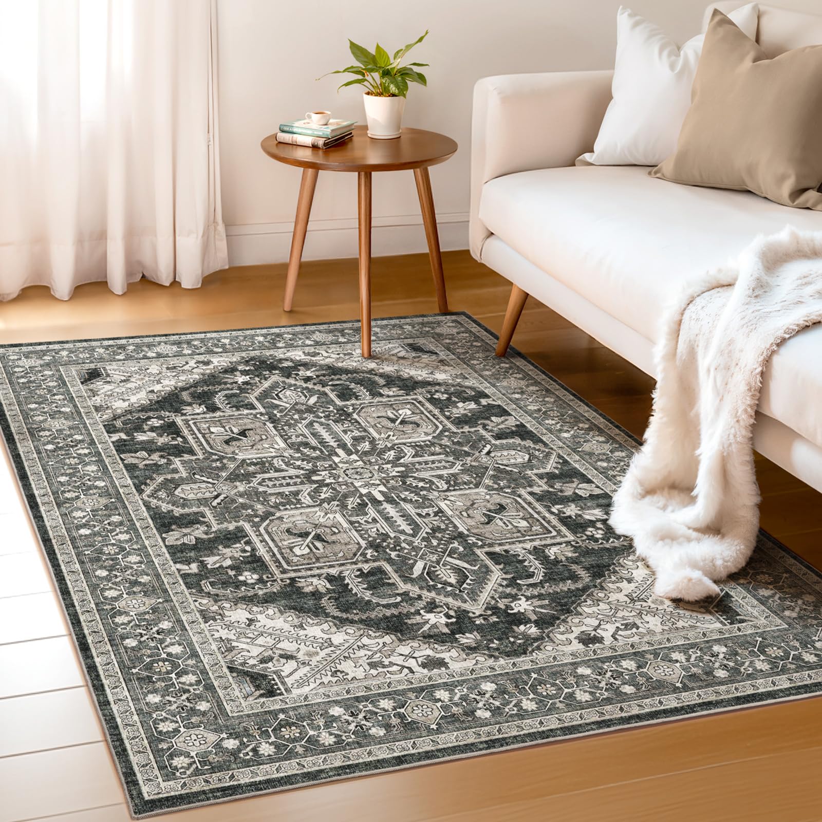 Photo 1 of WITSHOCK Living Room Area Rugs 3x5: Washable Rug Boho Soft Non-Slip Low Pile Stain Resistant Foldable Carpet for Bedroom Playroom Dining Room Office Kitchen Farmhouse Home Decor Rug-Bitter Black