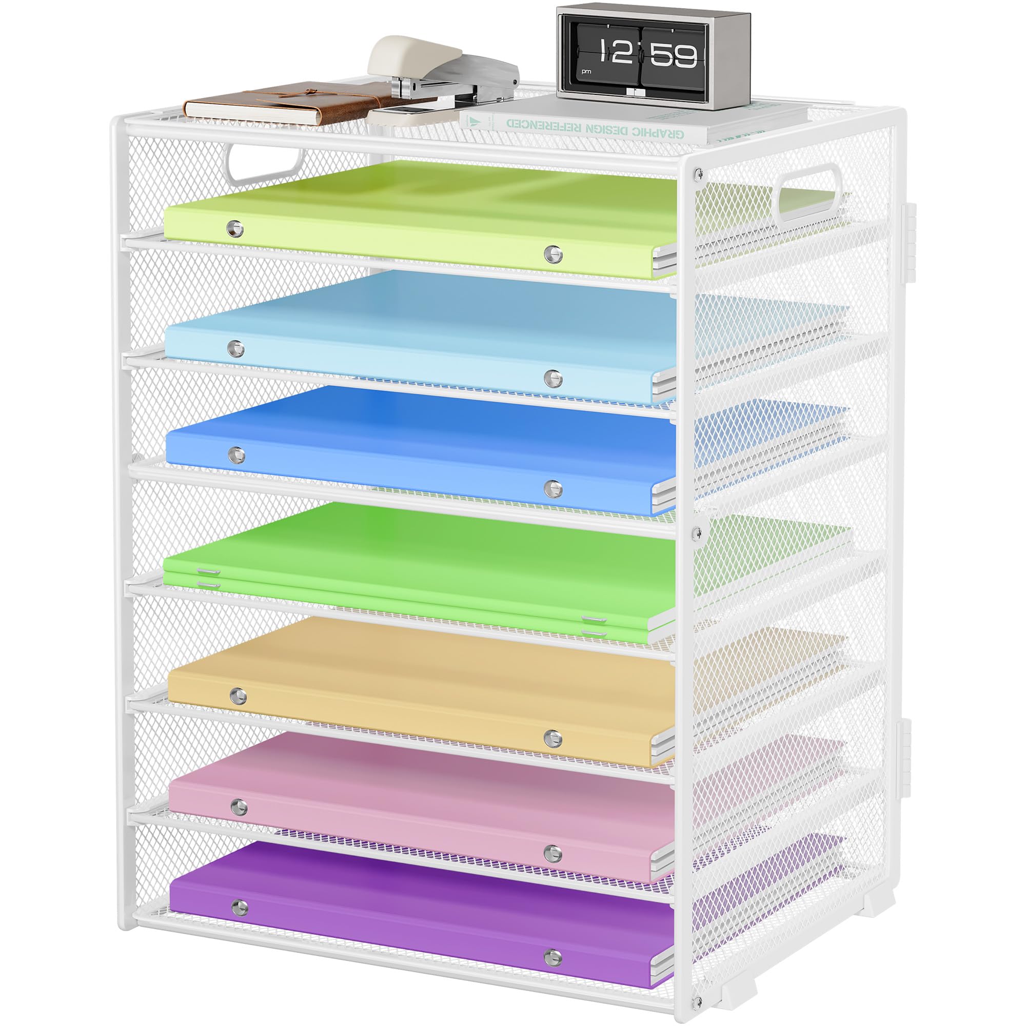 Photo 1 of Biciyarn 8 Tier Paper Organizer with Handle, Metal Mesh Desk File Organizer, Large Capacity Desk Organizers Paper Letter Tray Desktop Document Sorter for Office, Home or School - White